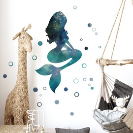 Starry Sky Mermaid Wall Decals Big Mermaid Wall Stickers Peel and Stick DIY Removable Mermaid Green Bubbles Vinyl Wall Art Decor for Kids Baby Bedroom Nursery Bathroom Door Stickers DT-1912