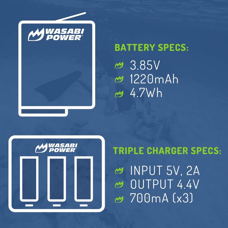 Wasabi Power Battery (3-Pack) and Triple Charger for Hero 7,