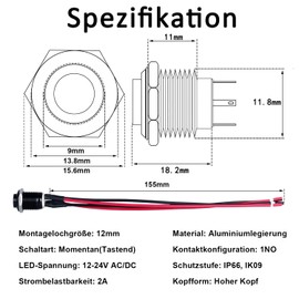 JIQI 2 x 12 mm Momentary Pressure Switch 12 V to 24 V 2 A Waterproof Button Switch Made of Metal IP66 1NO Current Black Push Button with LED Light Connection Wires for Motorcycle (High Head, Red)