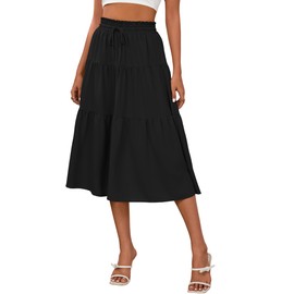 Anbech Midi Skirt for Women Elastic High Waist Pleated Flowy Swing Tiered A-Line Skirt (L, Black)