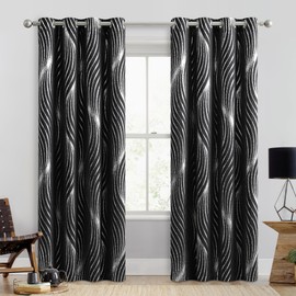 Xwincel 100% Blackout Curtains Black and Silver Foil Pattern Curtains 84 Inch Length for Living Room Metallic Silver Wave Print Drapes for Bedroom Thermal Insulated Grommet Window Curtains 2 Panel Set