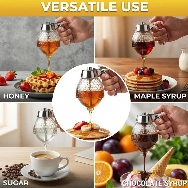 Shatterproof Honey Dispenser No Drip with Stand, Clear Syrup Dispenser