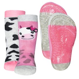EWERS Pack of 2 Stopper Socks with Cow & Cow Stains, Socks with Non-Slip Sole for Girls, Non-Slip Socks with Rubber Sole, Made in Germany, 2 Pairs of Non-Slip Children's Socks, Grey Mel/Chinese Pink