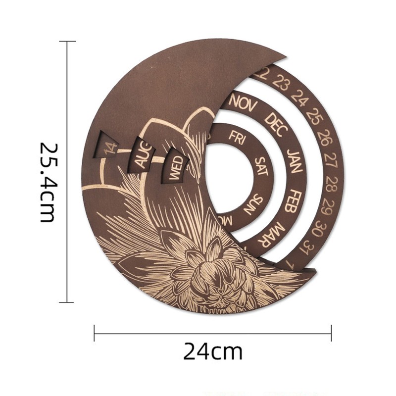 Wooden Wall Calendar Wall Mounted Rotatable Perpetual Calendar Adjustable Round