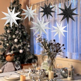 Yomisee Paper Stars Christmas Pack of 6, 3 x 30 cm + 3 x 45 cm Folding Star Christmas, 9 Points Paper Star for Hanging, Christmas Star Decoration for Window, Christmas Tree (Black & White & Grey)
