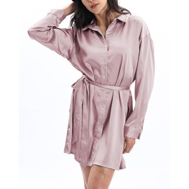 Xintianji Women's Mini Short Satin Silk Shirt Dress with V Neck Button Up and Waist Strap Pink