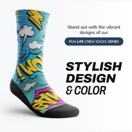 Outway Novelty Crew Socks for Men & Women, Breathable, Moisture-Wicking Athletic Calf Sock with Arch Support, Polyester & Spandex Blend, Colorful, Fun Life, Bam, L-XL