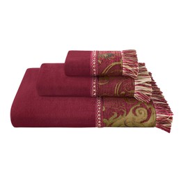 Loom and Mill Luxury Cotton Bath Towel Set 3 Piece-1 Bath Towel 1 Hand Towel 1 Wash Cloth, Ultra Soft Decorative Towel Sets Highly Absorbent for Bathroom, Classic Damask Design(Red)