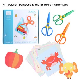 amassan 3-Pack Toddler Safety Scissors Kit - Child-Safe Preschool Training Scissors & 60 Sheets Paper Cutting | Ergonomic Blunt Tips, Early Childhood Development Tools for Kids 2-5 Years