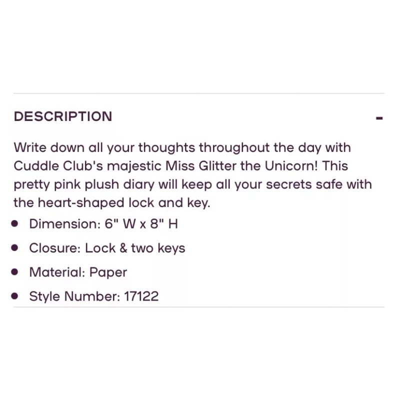 Claire’s Miss Glitter the Unicorn Plush Lock Diary Pink Purple