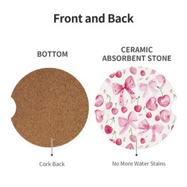 Delerain Pink Bows Cherries Car Cup Holder Coasters, 2 Pack Ceramic Car Cup Coaster Universal Absorbent Non-Slip Cork Base Drink Coasters with Finger Notch for Easy Move