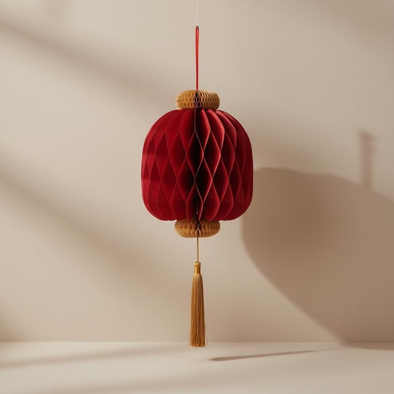 4 Piece Traditional Chinese Red Paper Honeycomb Lanterns with Gold