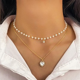 Dainty Gold Necklace for Women Layered Pearl Heart Necklaces Set Stackable Rhinestone Pearl Heart Pendant Necklaces Trendy Birthday Jewelry Gifts, Large, Alloy Steel, No Gemstone