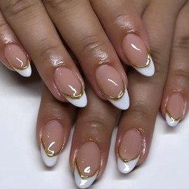 White French Tip Press on Nails Medium Almond Fake Nails Simple Acrylic Nail Nude Translucent Nail Press ons Gold French Artificial Daily False Nails for Women 24 Pcs
