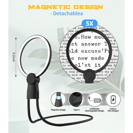 Hands Free 5X Magnifying Glass LED Lighted, Flexible Gooseneck Neck Magnifier for Seniors & Low Vision Close Work, Perfect for Reading, Repair, Sewing, Cross Stitch