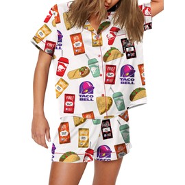 Womens Button Down Pajama Sets Soft Button Down Loungewear 2 Piece Outfits Cute Pj Sets Taco Food Print White M