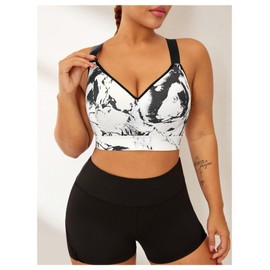 WDIRARA Women's Plus Size Marble Print Sports Bras Push Up Active Workout Yoga Bra Black and White XX-Large Plus