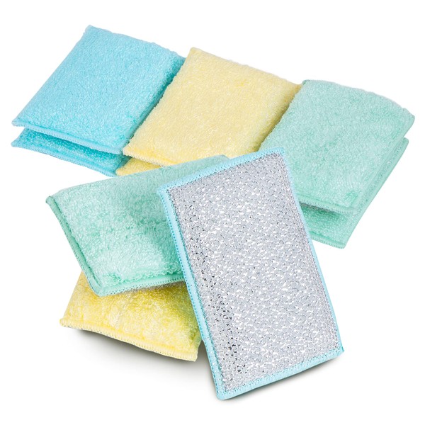 Smart Design Heavy Duty Scrub Sponge with Bamboo Odorless Rayon Fiber - Set of 9 - Ultra Absorbent - Soft and Metallic Scrub - Cleaning, Dishes, and Hard Stains - Spring - Yellow, Mint, Blue