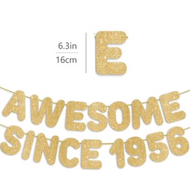 Pre-Strung Awesome Since 1956 Gold Glitter Banner, 70th Birthday Decorations for Women, 70 Year Old Anniversary Party Sign for Men