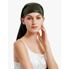 LilySilk Silk Sleep Cap 100% Mulberry Silk Long Silk Bonnet for Curly Hair, Night Cap for Sleeping, Silk Hair Wrap Olive Green