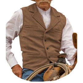 Garqia Clyon Hunting Aged Mens Tweed Vests Herringbone Waistcoats Retro Casual Wedding Wool Business Vests (Brown,L)