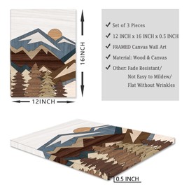 BINCUE Boho Mountain Wall Art Framed Mountains Office Canvas 3 Piece Artwork 12x16 Inch for Living Room Bedroom Décor