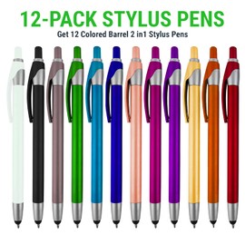 12 Pack Stylus with Ball Point Pen for toucscreen Devices (Assorted Colors)