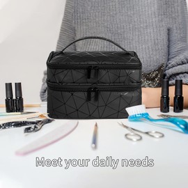 KGMCARE Organizador de esmalte de uñas de doble capa y almacenamiento, funda de transporte de piel sintética geométrica para esmalte de uñas, esmalte de uñas y juegos de manicura, capacidad para hasta 30 botellas (15 ml) con divisor desmontable