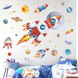 decalmile Outer Space Large Rockets Wall Decals Planets Stars Solar System Wall Stickers Baby Nursery Boys Bedroom Playroom Wall Decor