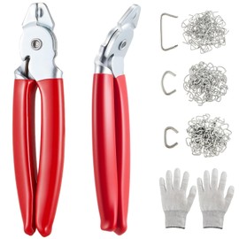 300 Pcs Hog Rings with 2 Pcs Hog Ring Pliers Kit, Straight & 45° Bent, 3/4", 1/2", 3/8" Galvanized Steel, a Pair of Gloves for Animal Cages Ropes, Bags, DIY ＆ Auto Upholstery Repairs(Red)
