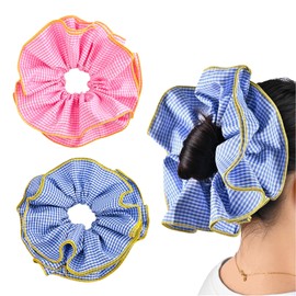 Yonchic 2-Piece Lattice Ruffles Large Scrunchies for Women Girls, Cute Big Hair Ties No Damage Hair Accessories, Elastic Hair Bands for Hair Bun Ponytail （Blue & Pink）