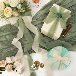 Ribbli Fall Ribbon 1.5 inch x 30 Yard Handmade Silk, Ivory/Dusty Sage/Terracotta Fringe Chiffon Ribbon for Wedding Invitations, Bridal Bouquets Wrapping, Flower Arrangement Decoration