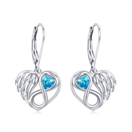 arete de alas de ángel de plata de ley con forma de corazón infinito, alas de circonita cúbica azul, símbolo infinito, arete para el día de la madre, alas de ángel, alas de ángel, regalos para