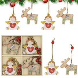 Christmas Decorations, 12Pcs Christmas Wooden Ornaments Elk Angel Xmas Tree Hanging Pendant Ornament Gifts Tags for Xmas Holiday Party Decoration Y7SGGS