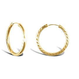 Jewelco London Ladies 9ct Yellow Gold Diamond Cut Capped Sleeper 2.5mm Hoop Earrings 25mm