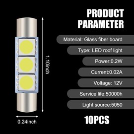 Flygun 10 PCS T6 5050 Car LED Sun Visor Lights, 28MM 12V 300LM Super Bright Waterproof Vehicle Reading Light Bulb Replacement, Universal Automotive Roof Light Accessories (White Light)
