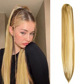 Cybelleza 20inch Ponytail Hair Extensions Straight Ponytail Claw Jaw on Long Straight Pony Tails Clip in Hair Extensions Synthetic Hair pieces for Women, Dark Blonde & Bleach Blonde
