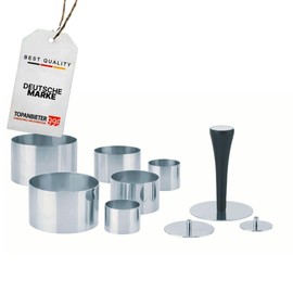 TOPANBIETER 999 Premium Stainless Steel Food Rings Set of 10 Professional Food Rings Diameter 4/6/8 cm with Press & Handle, Sideboard Rings Dishwasher Safe, Mould Rings for Appetizers, Desserts and