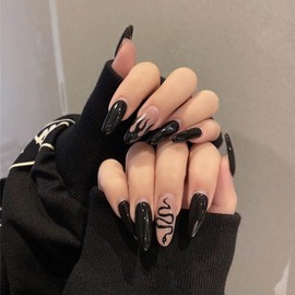Bufenia Oval Fake Nails 24Pcs Black Press on Nail Almond Acrylic Nails Ballerina False Nails for Women and Girls (Snake and Flame)