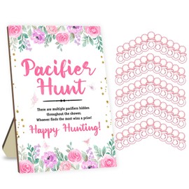 Azbuk Rose Baby Pacifier Hunt Game, Baby Shower Games Set, 50 Pcs Pink Mini Acrylic Pacifiers with Baby Shower Wooden Pacifier Hunt Sign Board Baby Shower Game