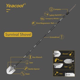 Yeacool Folding Shovel, Survival Shovels(40inch), Ultimate Survival Tool, Tactical Military Spade, Compact Entrenching Tool for Camping, Off Roading, Metal Detecting, Backpacking and Emergency