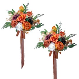 CherishedMoments 2 PCS Bridesmaid Wedding Bouquet, Burnt Orange Artificial Flowers Bridesmaid Bouquets,Vintage Fall Wedding Bouquets for Wedding Ceremony and Anniversary
