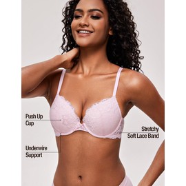 Deyllo Women’s Push Up Lace Bra Comfort Padded Underwire Bra Lift Up Add One Cup(Pink,34C)