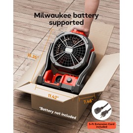 DeForce DeForce Battery Operated Fan, for Milwaukee M18 18V Battery, Camping Fan Cordless, Option for Corded, with LED Lights, Variable Speed, Hook for Hanging, for Jobsite, Red(Bare Tool Only)