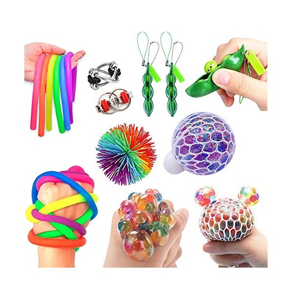 RichMoho Fidget Sensory Toys for Autism, ADHD - Including 1 Stress Relief Balls, 1 Monkey Stringy Balls 2 Soybean, 2 Flipped Chain and 4 Large Size Stretch Strings - 10 Pack