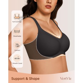 Vertvie Bras for Women No Underwire Wireless Support Bra Underarm-Smoothing Seamless Push Up Full Coverage T-Shirt Sports Bra(Black,3X-Large)