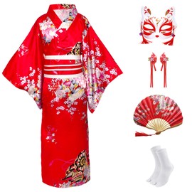 CRFASIBE 5PCS Kids Japanese Kimono Robe, Children Yukata Geisha Dress Bathrobe for Spa, Girls Kimono Summer Cosplay Costumes Set with Accessories(Red,150cm)