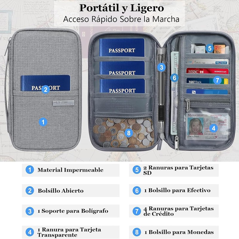 Porta Pasaporte, Organizador de Documentos de Viaje - Gris