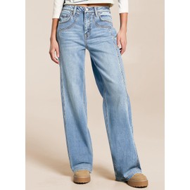 Sidefeel Women's Wide Leg Jeans High Waisted Stretchy Straight Leg Jeans Trendy Loose Fit Denim Pants Iceland Blue Size 4