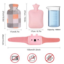 Dibikou Hot Water Bottle Belt, 1L wrap Around Wearable 3 in 1 Hot Water Bag with 130 cm Long Soft Waist Cover, PVC Koala Hot Water Bottle Strap for Neck, Shoulder, Back, Legs Warm and Period Relief